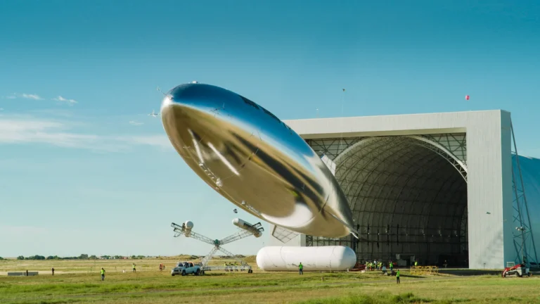 Silver airship outside massive hangar