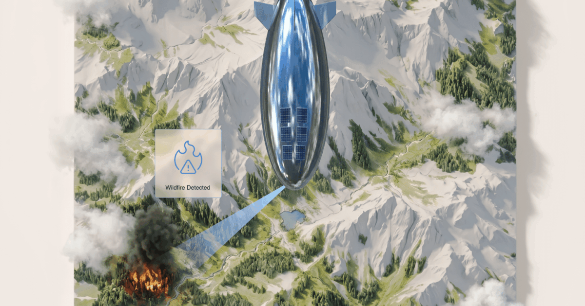 Airship detecting wildfire over mountainous forest
