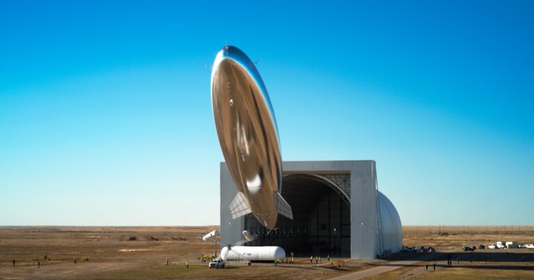 Sceye HAPS outside large hangar in desert