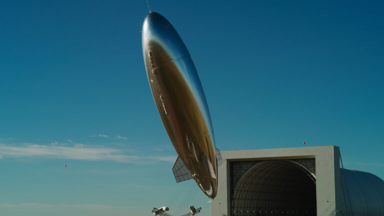 Large High-altitude platform system hovering outside hangar