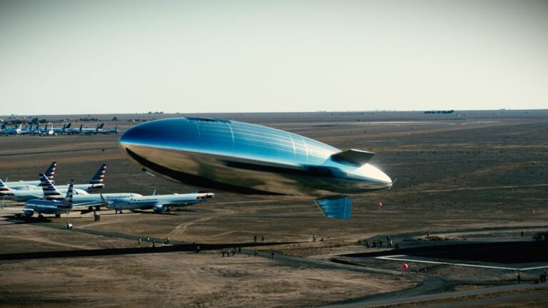 Silver airship hovering above airport runway and planes