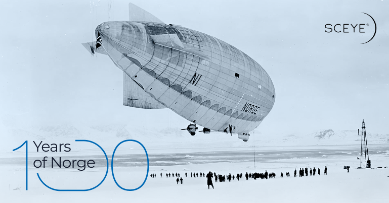 Historic Norge airship over snowy Arctic landscape